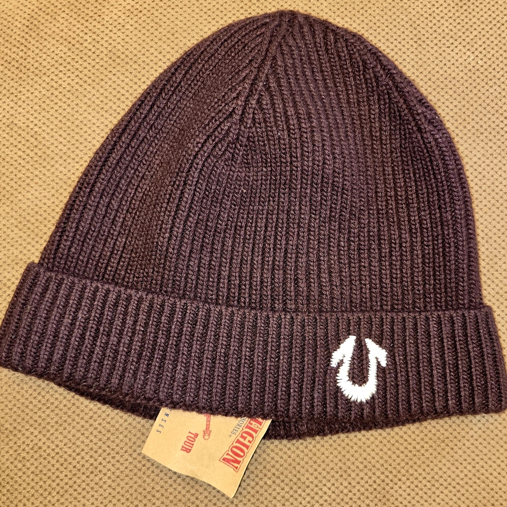 True Religion Brown Knit Beanie with Horseshoe Logo